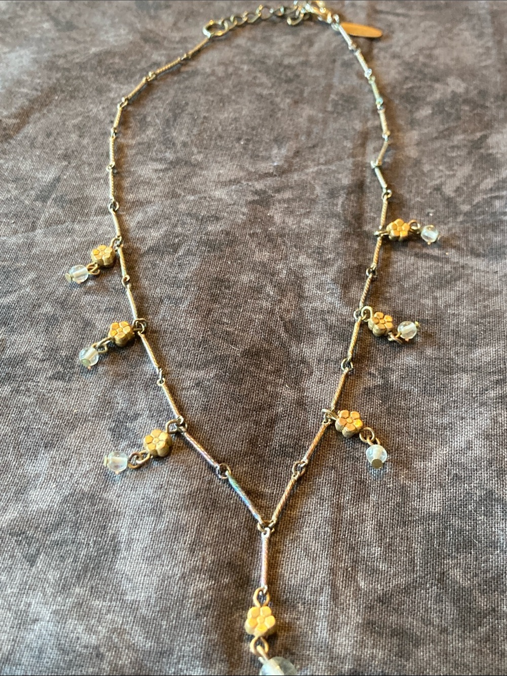 Delicate Gold Flower Station Necklace with Opalescent Beads